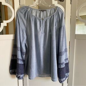 ELLIOT LAUREN Women’s Blue Long Sleeve Comfy Embroidered Sleeves Top Size XL
